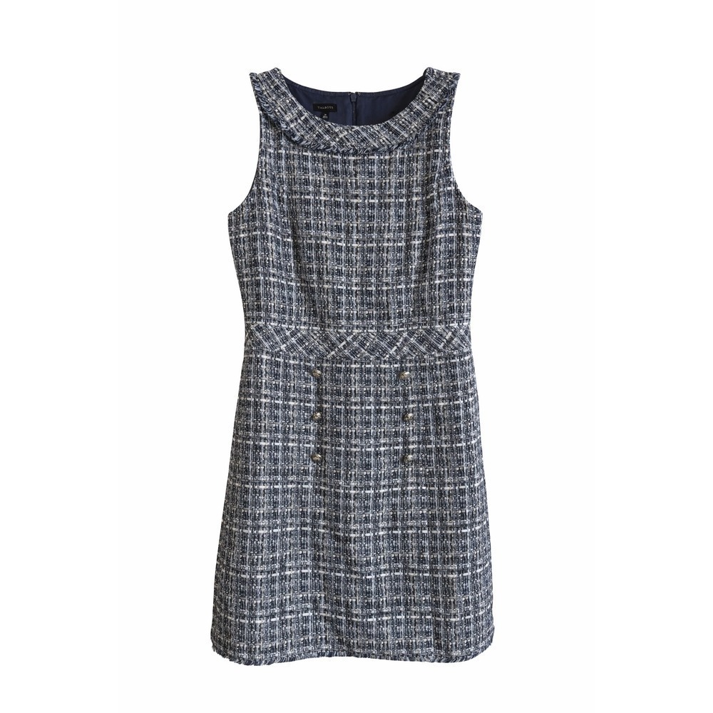 Talbots Classic Americana Blue Tweed Fringe Sheath Dress – Size 10